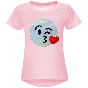 Mädchen Wende Pailletten T-Shirt Sommer Shirt Smile-Motiv Rosa 98-104 - Picture 1 of 4