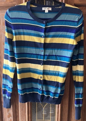 Cárdigan Suéter Cherokee Mujer Mediano Azul Amarillo Rayas Tejido Manga Larga Talla S Foto 1 de 4