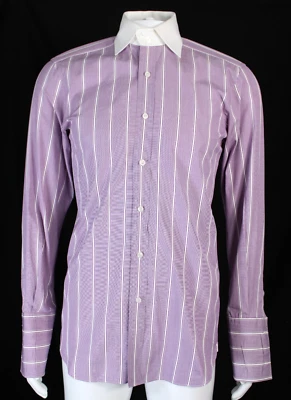 Camisa de vestir para hombre TOM FORD púrpura y blanco a rayas de algodón con puño francés 38 15 Foto 1 de 4