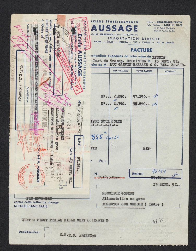 PANTIN (93) POIVRE THES RIZ TAPIOKA VANILLE "Anciens Ets Emile AUSSAGE" en 1951 - Bild 1 von 1