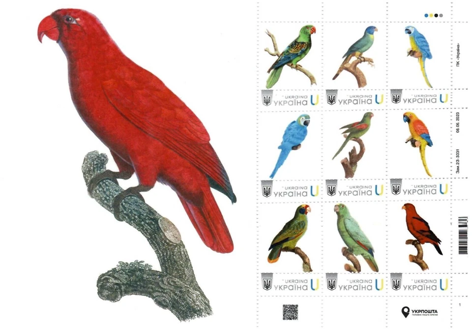 Ucrania 2023, Fauna, Aves, Loros, Hoja 9v Foto 1 de 1