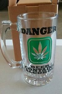 Pipe Magic 16 Oz marijuana leaf Etched Beer Mug "Danger Beer Contains Alcohol" - Picture 1 of 3