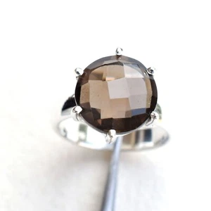 Natural Smoky quartz Ring 925 Sterling Silver Prong Ring Brown Stone Ring-HR333 - Picture 1 of 6