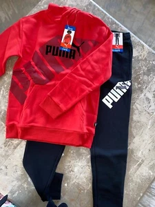 PUMA Youth Set Boys Hoodie PANTS Tracksuit 2pc Red -Black Size 14/16 New - Picture 1 of 6