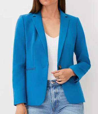 NEW ANN TAYLOR SANTORINI BLUE PETITE HUTTON TWILL BLAZER JACKET SZ 2P 2 - Image 1 of 4