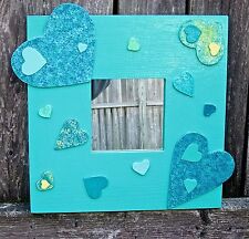 LOTS-OF-LOVE HEARTS MIRROR - AQUA / TEAL - SQUARE, WOOD FRAME by MJG's CREATIONS