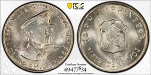 PCGS MS65 1947-S Philippines 50 Centavos MacArthur KM-184 Gem Uncirculated - Picture 1 of 3