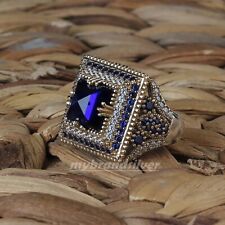 925 Sterling Silver Turkish Handmade Jewelry Zircon Blue Gemstone Ring All Size