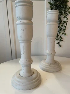 2 Grey Shabby Chic Candle Holders Distressed Wooden Cottage Farmhouse Pair - Picture 1 of 7