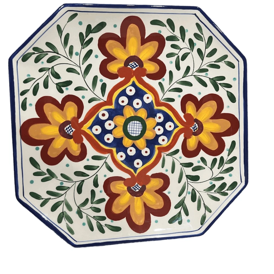 Plato octágono de cerámica Nancy diseño verde colorido floral de 13" Foto 1 de 3
