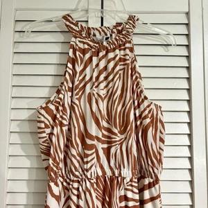 Nine West Halter Sundress Sleeveless Sz L Hi-Lo Midi Brown/White Zebra Print EUC - Picture 1 of 8