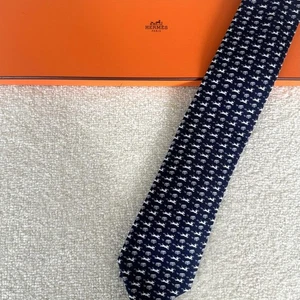 HERMES Neck Tie Navy White Rabbit 100%Silk Made in France unused New mint gift - Picture 1 of 24
