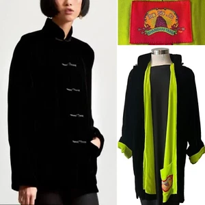 SHANGHAI TANG $1800 Black Velvet Jacket, Green Silk Lining 44IT/12Aust-UK/8US - Picture 1 of 22