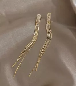 Beautiful Long Gold Metal Rhinestone Tassel Drop Earrings Jewellery Wedding Gift - Picture 1 of 3