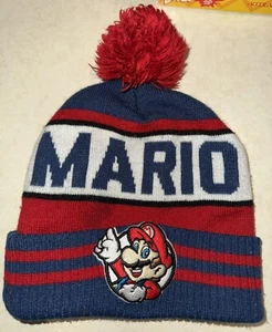 2017 Official Nintendo Super Mario Winter Beanie Hat W/Pom Pom Thick Patch Used - Picture 1 of 5