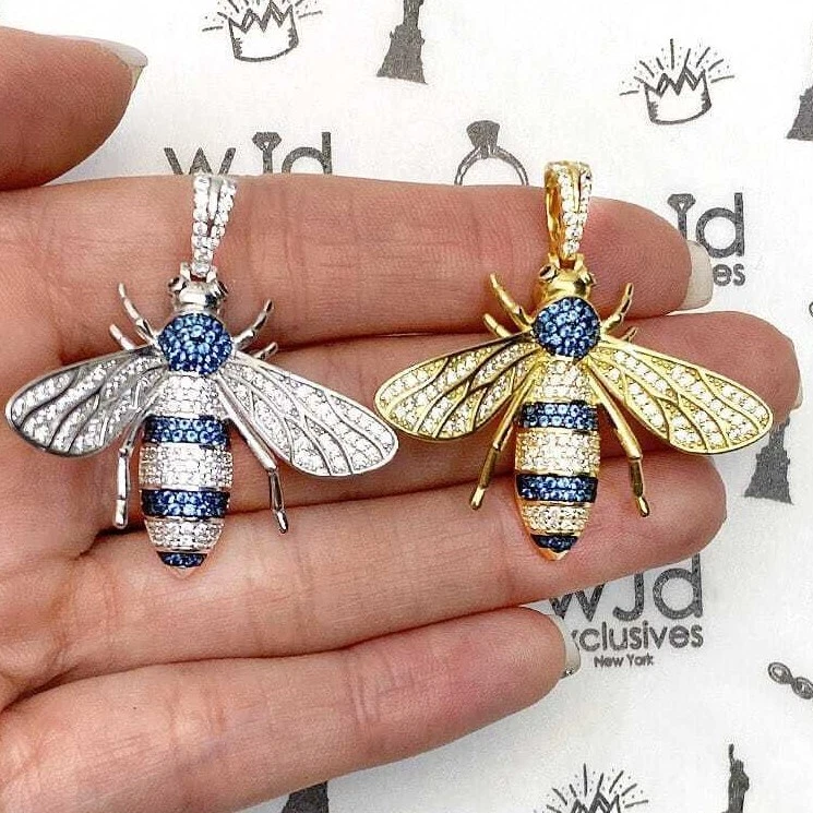 14K желтое белое золото над серебро цирконий синий топаз медоносная пчела 3D подвеска 1,6" - Изображение 1 из 4