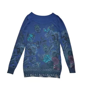 Desigual Blue Floral Long Sleeve Boat Neck Knitted Top Womens UK M CC755 - Picture 1 of 6
