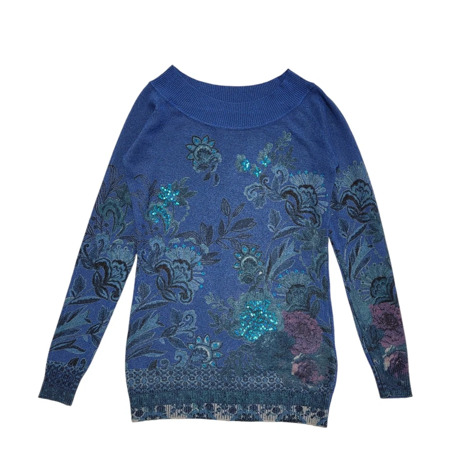 Desigual Blue Floral Long Sleeve Boat Neck Knitted Top Womens UK M CC755 - Image 1 of 4