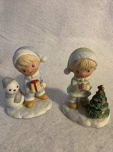 Vintage Homco Figurines #5613 Christmas Holiday Pair (2) Tree Snowman - Picture 1 of 12