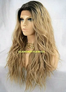 360 FREE PART HUMAN HAIR BLEND LACE FRONT WIG LONG OMBRE BROWN ASH BLONDE  - Picture 1 of 5