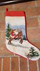 Vintage Wool Needlepoint Christmas Stocking Santa Riding Reindeer Bunny Tree