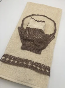 Toalla de baño y paño vintage con cesta de ganchillo, todo algodón, beige/marrón sin usar - Imagen 1 de 12