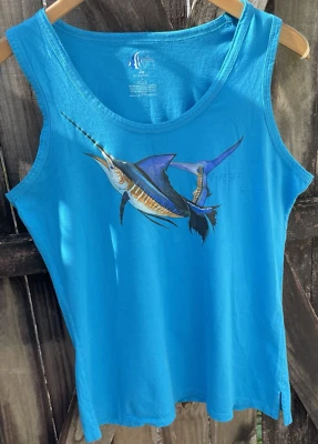 Guy Harvey BlueWater Womens Marlin Fish Blue Tank Top Sz Large Made in USA - Image 1 of 4