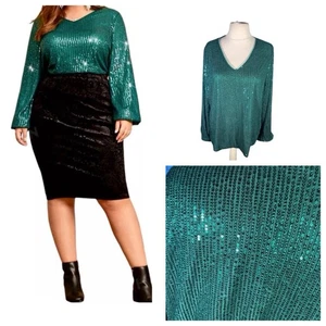 Green Top Size 24 (4XL) Fully Sequinned Party Long Sleeve Plus Stretch Curve NEW - Picture 1 of 24