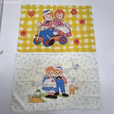 Juego de 2 fundas de almohada vintage Raggedy Ann & Andy ropa de cama años 70 amarillo floral Foto 1 de 4