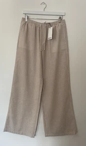 Bershka Striped Rustic Trousers Wide-Leg Drawstring Pockets Beige Size Medium - Picture 1 of 15