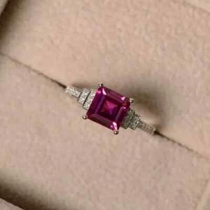 2.30 Ct Princess Cut Ruby & Diamond Wedding Engagement Ring 14k Solid White Gold - Picture 1 of 8