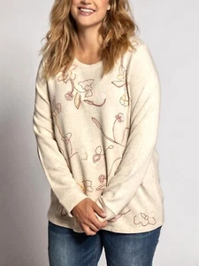 Ulla Popken OATMEAL Embroidered Sequin Round neck SWEATSHIRT Sizes UK 16 to 34 - Picture 1 of 5