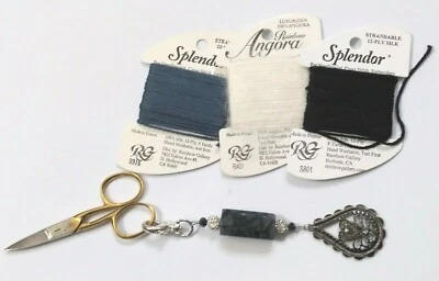 Silver Filigree Rhinestone Heart Blue Stone Fob & Gold Plate Embroidery Scissors - Image 1 of 2