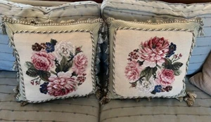 Vintage Pastel Pale Pink Red Floral Needlepoint Pillow Green Tassel 16” - Picture 1 of 7