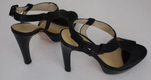 Alexandre Birman 7 B Black Leather Ankle Strap Sandals Patent Heels Platforms - Picture 1 of 9