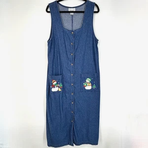 Westbound Womens Large Sleeveless Jumper Dress Blue Denim Snowman Christmas - Picture 1 of 9