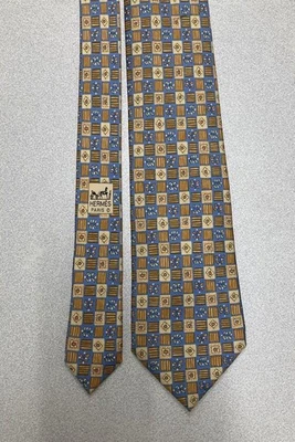 HERMES Tie Silk Blue Orange Necktie Fashion Men Suit Formal Accessories No Box - Image 1 of 4