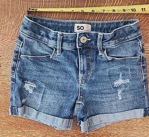 Kohls SO Distressed Blue Denim Girls Size 8 Stretch Shorts Adjustable Waist - Picture 1 of 5