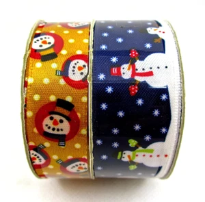 Snowman Mini Ribbon,2x,Blue with Snowman,Gold Polka Dots,Snowman Cameos,7/8"x9ft - Picture 1 of 2