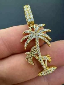 1.50Ct Round Cut Real Moissanite Palm Tree Men's Pendant 14K Yellow Gold Plated - Picture 1 of 7