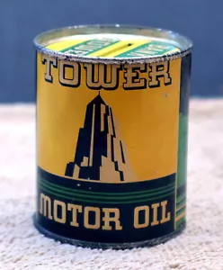Vintage 1940s Cincinnati Tower Motor Oil Tin Coin Can Bank Heekin Can Co Petro - Picture 1 of 4