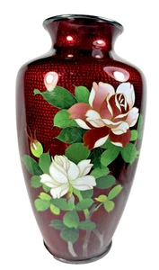 Vintage Japanese GINBARI Seamless Cloisonné Pigeon Ox Blood Red Vase Roses - Picture 1 of 4