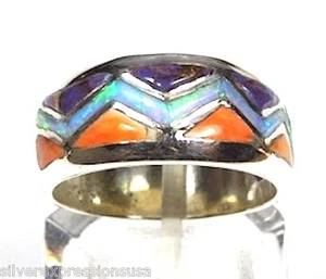 Anillo banda suroeste de plata esterlina 925 con incrustaciones de ópalo de fuego multicolor talla 5-11 - Imagen 1 de 2