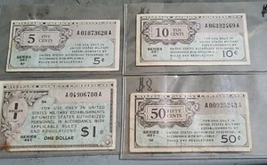 1940s MPC 5, 10, 50, 100 Cents US Banknotes Paper Money Currency 4pcs s5 - Picture 1 of 10