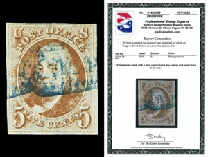 Scott 1b 1847 5c Orange Brown Franklin Used Fine+ Blue Cancel with PSE CERT - Bild 1 von 2