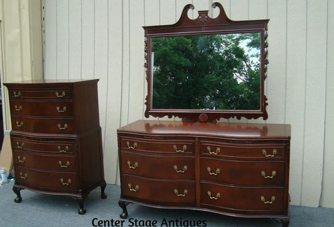 62253   Matching PAIR  Antique Mahogany High Chest and Dresser with Mirror Cover