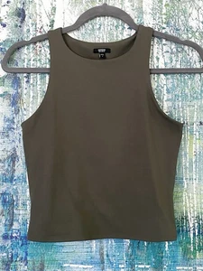Express Tank Top Womens Small Olive Green Stretch Body Contour Round high Neck - Picture 1 of 5