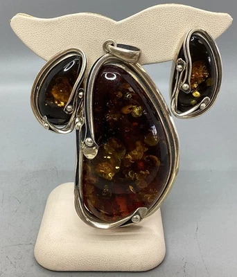 Juego de pendientes y colgantes grandes de plata de ley ámbar báltico Foto 1 de 4