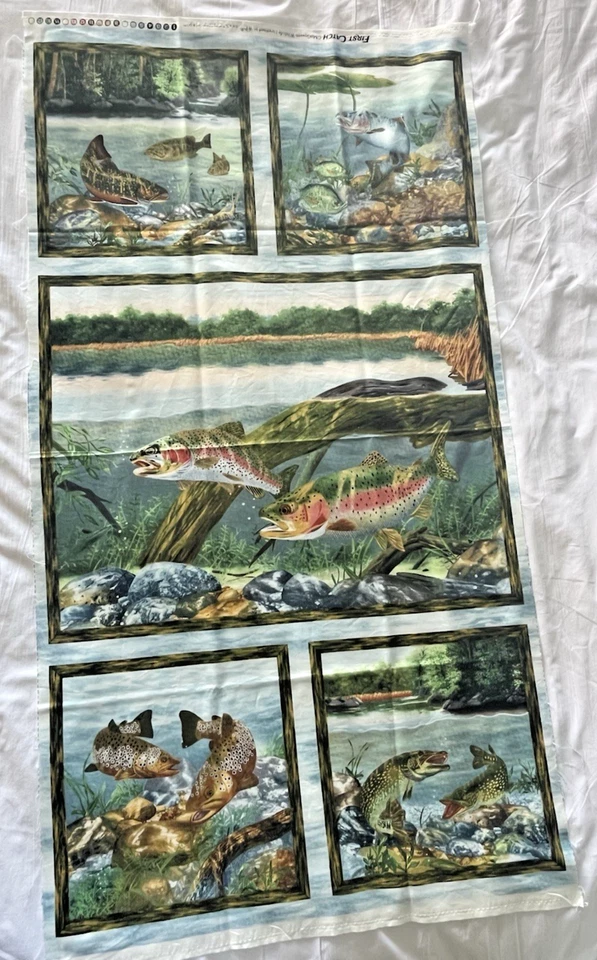 Panel de costura artesanal para acolchado/colgar en la pared de tela de algodón "First Catch" 18" x 44" Foto 1 de 4