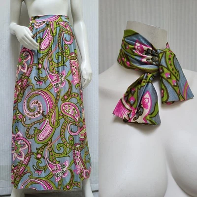 Vintage 1960's Blue Pink Green Paisley Print Maxi Skirt + Neck Tie - Waist 24" - Image 1 of 4
